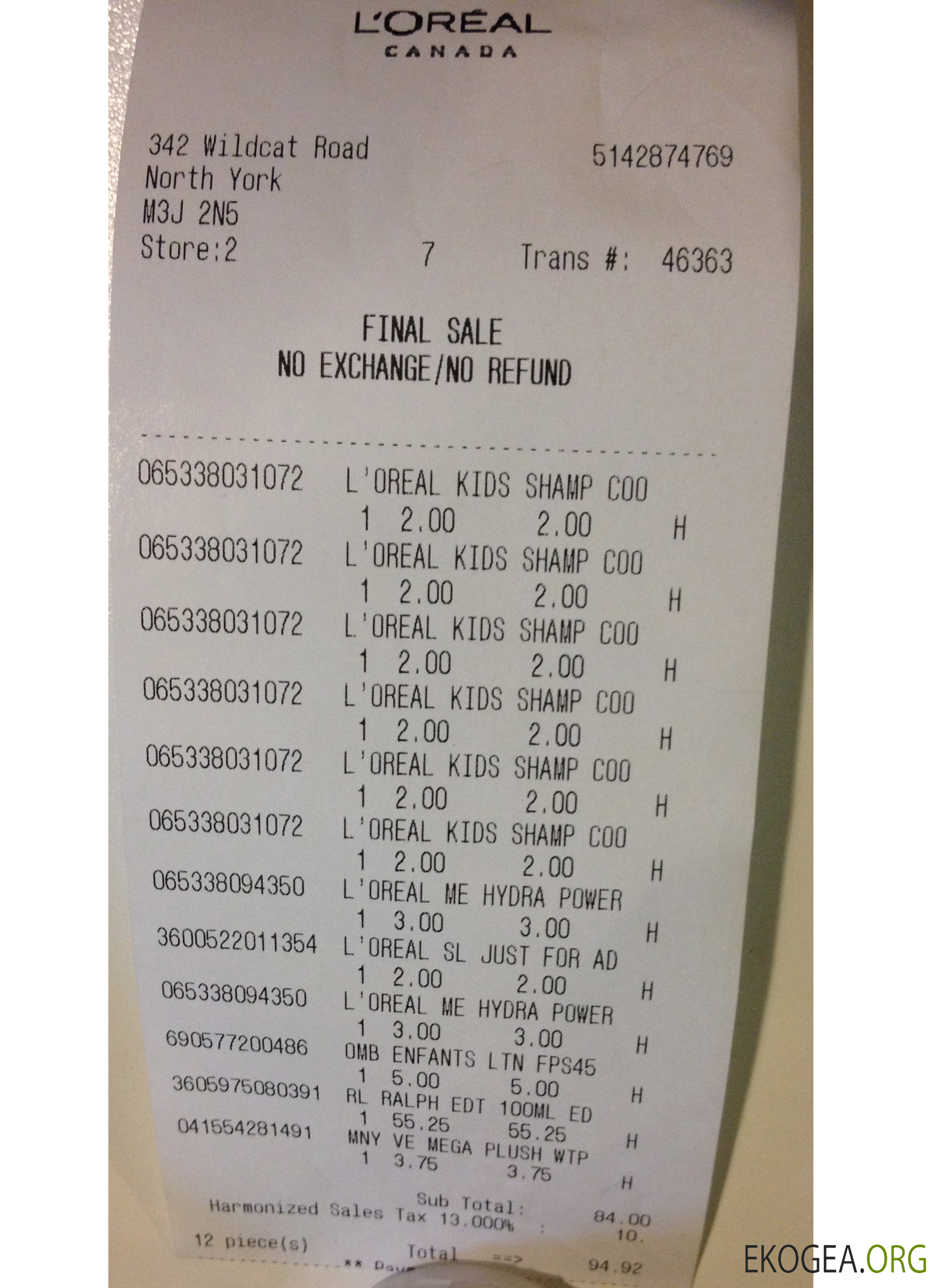 Chèque de paiement Canada Loreal